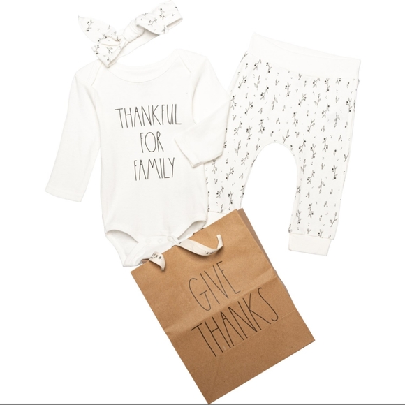 Rae Dunn Other - Rae Dunn “Thankful For Family” Baby girl Bodysuit, Pants & Headband Set 4Pcs
